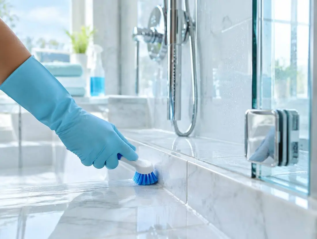 Gloved hand scrubbing bathroom tile grout during a deep clean