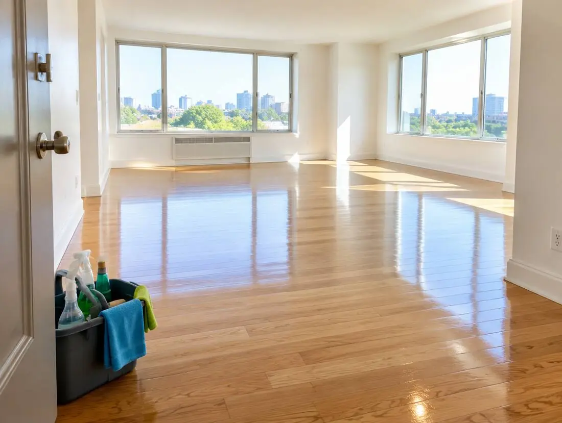 Empty apartment with gleaming hardwood floors ready for move-in