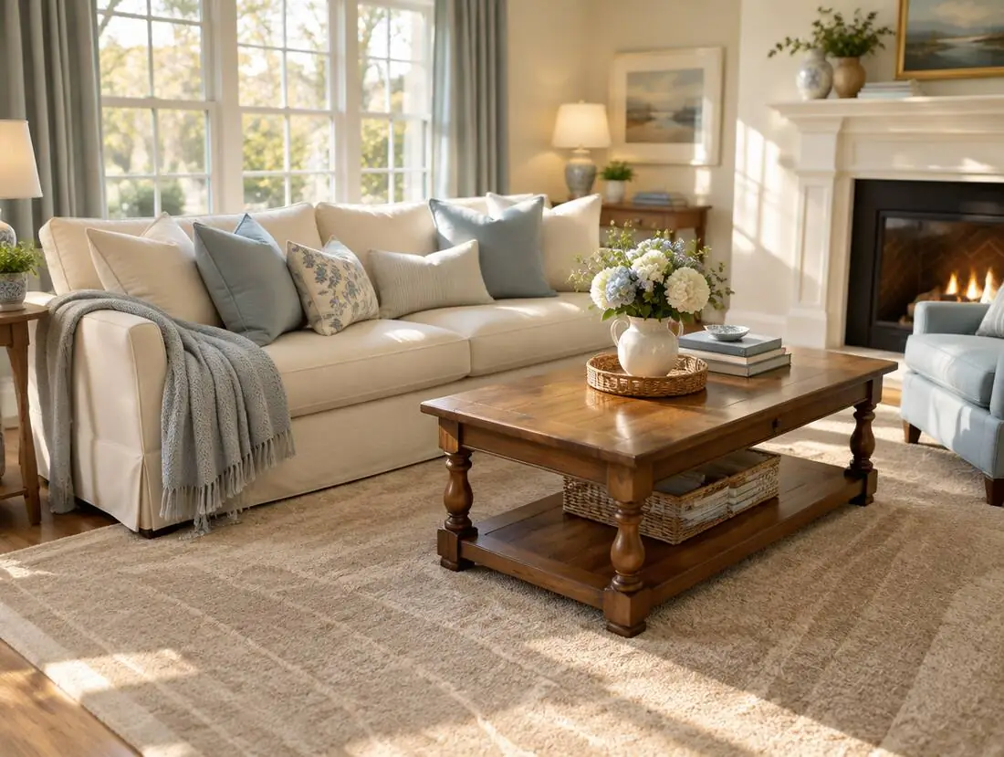 Freshly cleaned living room with fluffed cushions and vacuumed rug